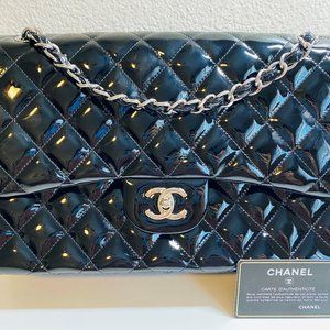 Chanel Jumbo Black Patent Leather Double Flap Silver Hardware Shoulder Bag